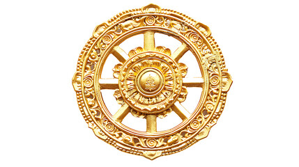 Obraz premium A depiction of the Wheel of Dharma with eight golden spokes, isolated on white, cut out 