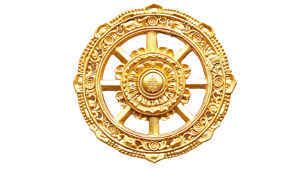 A depiction of the Wheel of Dharma with eight golden spokes, isolated on white, cut out 