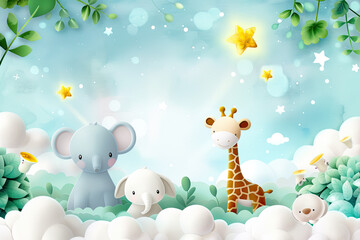 Obraz premium Cute animals in whimsical landscape with clouds and stars