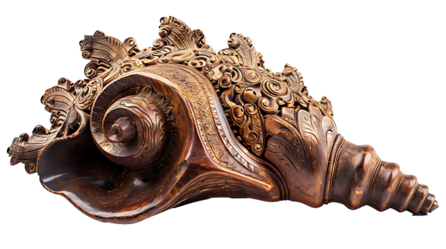 A sacred conch shell adorned with carvings, isolated on white, cut out