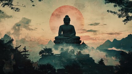 Silhouette of Buddha at sunset, surrounded by a gradient sky transitioning through warm vintage colors