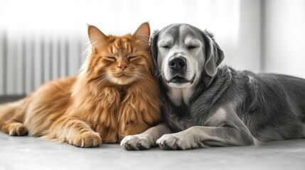 A cat and a dog peacefully resting together in a cozy indoor setting.