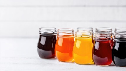 Assorted jars of colorful liquids arranged in row on white background