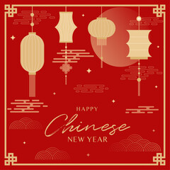 Naklejka premium Chinese new year greetings with golden oriental lanterns, clouds and moon on red background. Vector illustration chinese new year.