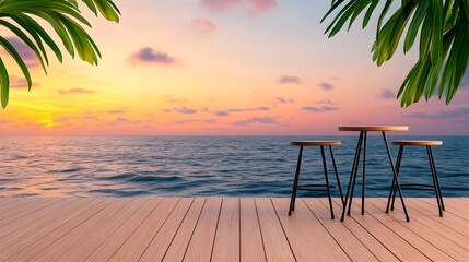 Serene Sunset Over Tranquil Ocean with Tropical Palm Leaves Framing a Wooden Deck and Stylish Table Setting, Inviting Relaxation and Escape from Daily Life
