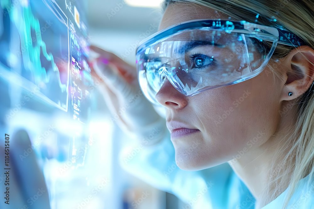 Poster scientist reviewing data on holographic display, lab setting