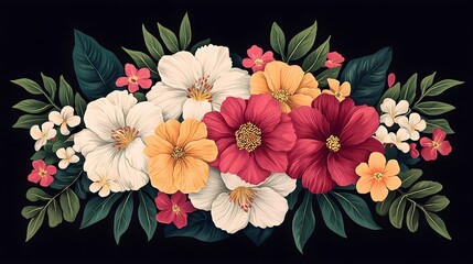 Vibrant Floral Arrangement Featuring Colorful Blossoms and Lush Greenery Against a Dark Background, Perfect for Nature-Inspired Designs and Art Projects