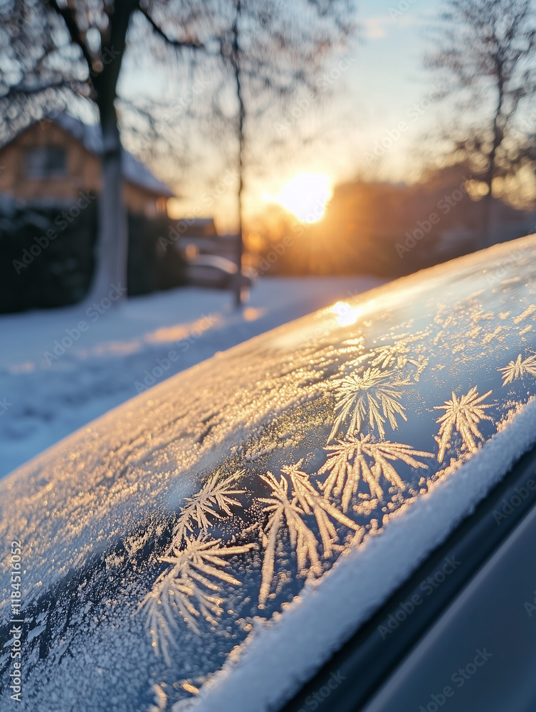 Poster close-up view of intricate frost patterns on a car window at sunrise reflecting a winter landscape