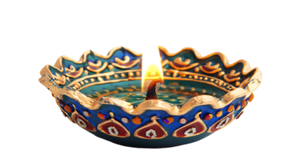 A diya lamp glowing brightly, symbolizing inner light, isolated on white, cut out