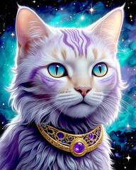 Zodiac Cat: A mystical feline illustration adorned with zodiac-themed elements and a vibrant cosmic background, perfect for adding a touch of magic to any project.