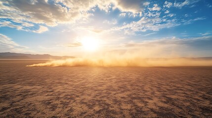Dust devil swirling across a desert landscape at sunset.