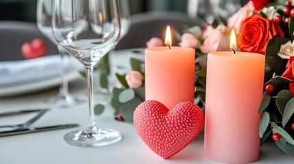 Romantic Dinner Setup with Candles, Flowers, and Heart Decoration