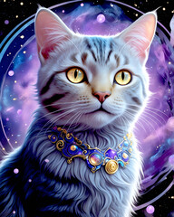 Zodiac Cat: A mystical feline illustration adorned with zodiac-themed elements and a vibrant cosmic background, perfect for adding a touch of magic to any project.