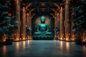 A 3D-rendered model of the Emerald Ubosot, with a glowing emerald Buddha statue at the center, surrounded by golden pillars and intricate carvings