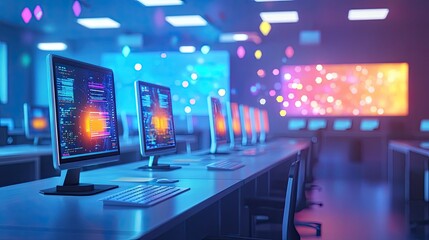 Obraz premium Modern Computer Lab with Multiple Monitors in a Vibrant Setting