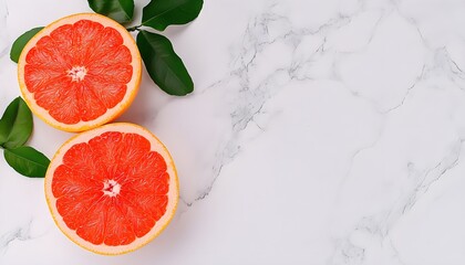 Freshly Cut Grapefruit Halves with Vibrant Red Flesh on a White Marble Countertop Surrounded by Green Leaves Perfect for Healthy Eating and Cooking Concepts