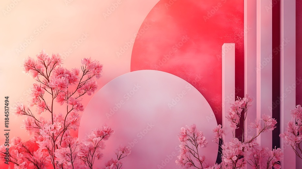 Poster dreamy and atmospheric abstract digital design in vibrant pink and red hues featuring soft gradients