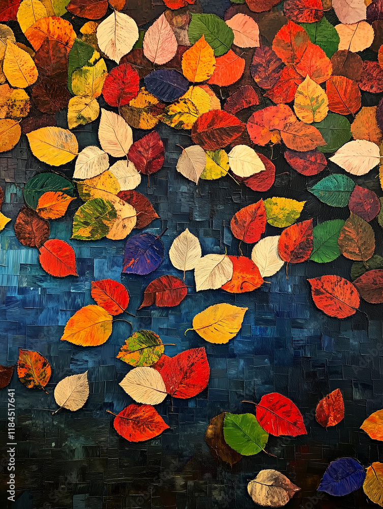 Poster colorful autumn leaves float on a calm pond water creating a serene natural display in a tranquil se
