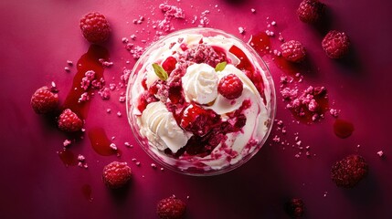 Fototapeta premium Raspberry Pavlova: Whipped Cream, Berry Delight in a Romantic Setting