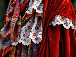 Colorful traditional fabric with floral patterns and lace details