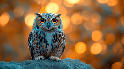 A striking owl perched on a rock with a blurred, colorful background.