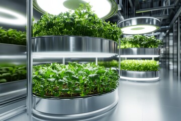 A 3D-rendered illustration of a modern urban farm inside a repurposed factory, with layers of plants growing in brightly lit tiers and advanced irrigation systems