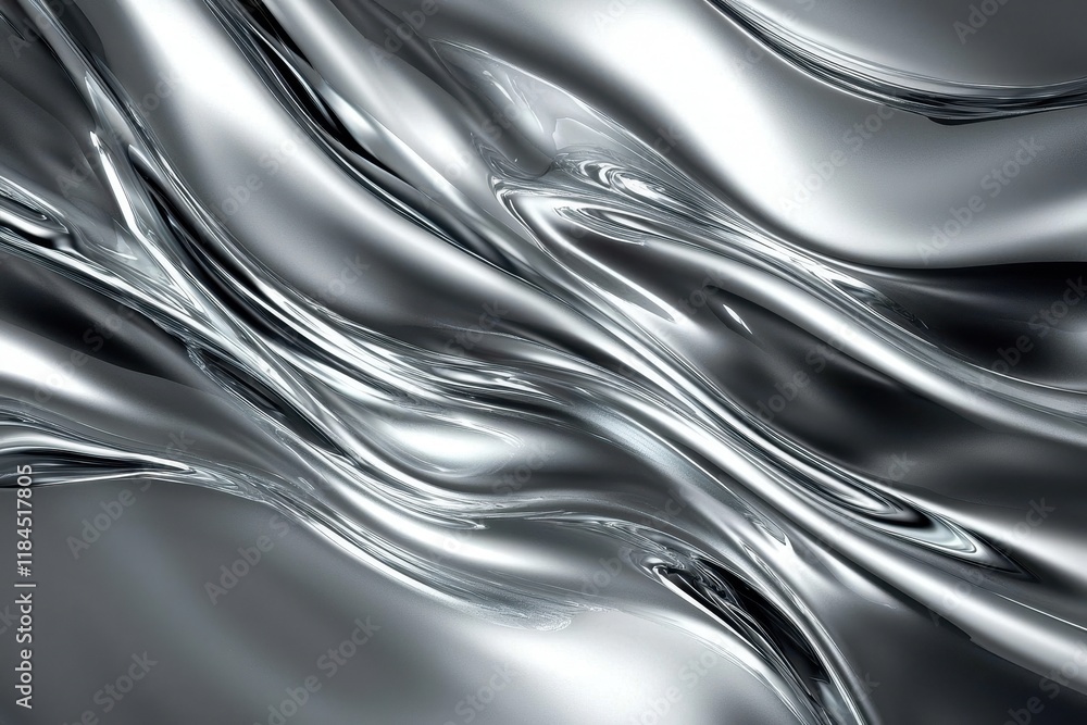 Poster dynamic wave pattern in shimmering silver, evoking a sense of fluid motion.
