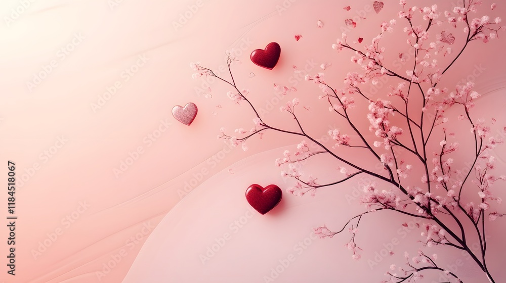 Aufkleber delicate floral branches with vibrant red hearts floating in a soft warm gradient background creatin