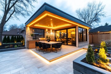 A backyard undergoing an upgrade, with workers installing a modern patio, an outdoor kitchen, and a smart lighting system