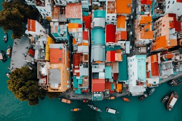 A bird-eye view of a dense urban city with busy intersections, colorful rooftops, and a mix of modern and old buildings