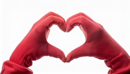 Obraz premium Red Heart Hands: A pair of hands clad in red gloves form a heart shape, symbolizing love, compassion, care, and connection. The vibrant red hue adds a touch of warmth and passion. 