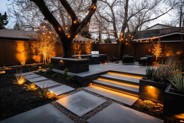 A backyard undergoing an upgrade, with workers installing a modern patio, an outdoor kitchen, and a smart lighting system