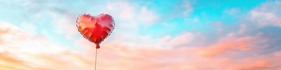 Fototapeta premium Bright red heart shaped balloon floats against a cloudy sky creating a vibrant atmosphere