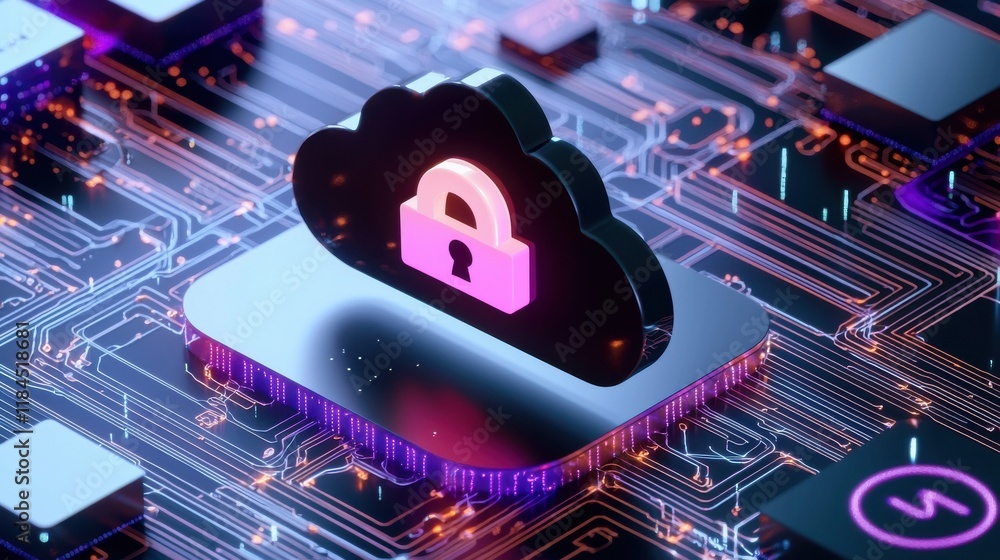 Poster secure cloud tech with encrypted data protection and cybersecurity