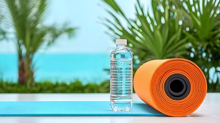 Refreshing Water Bottle and Orange Yoga Mat on Calm Beachside with Lush Greenery, Ideal Setting for Fitness and Relaxation Activities in Nature