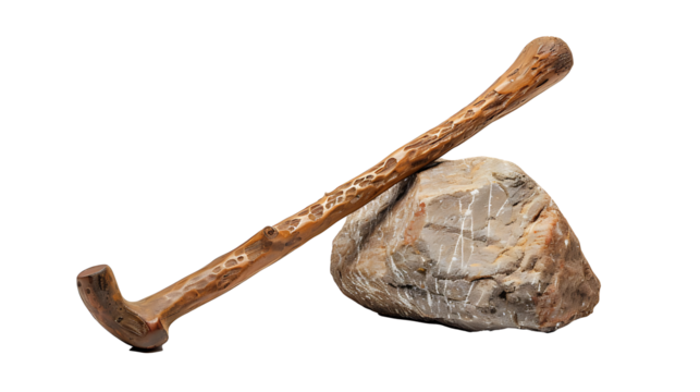A shepherd's staff leaning on a rock, symbolizing guidance, isolated on white, cut out