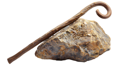A shepherd's staff leaning on a rock, symbolizing guidance, isolated on white, cut out