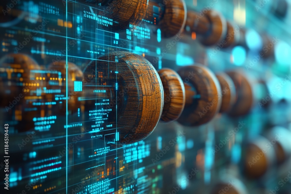 Poster close-up of wooden gears on a digital screen displaying code.