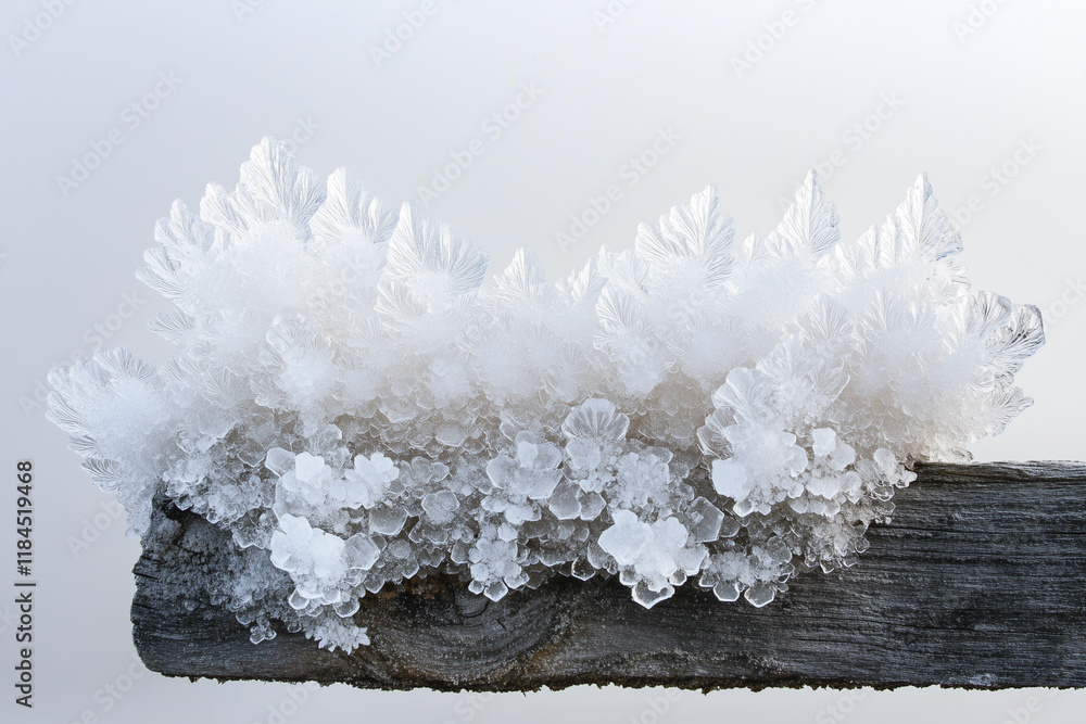 Poster hoarfrost crystals create a sparkling display on a rustic fence post during a chilly winter morning 