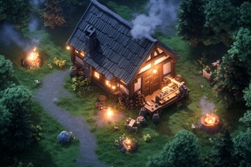 A charming pixel art depiction of a character upgrading their tools at a glowing workbench in a pixelated medieval village