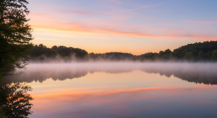 Fototapeta premium Serene Lake with Floating Fog