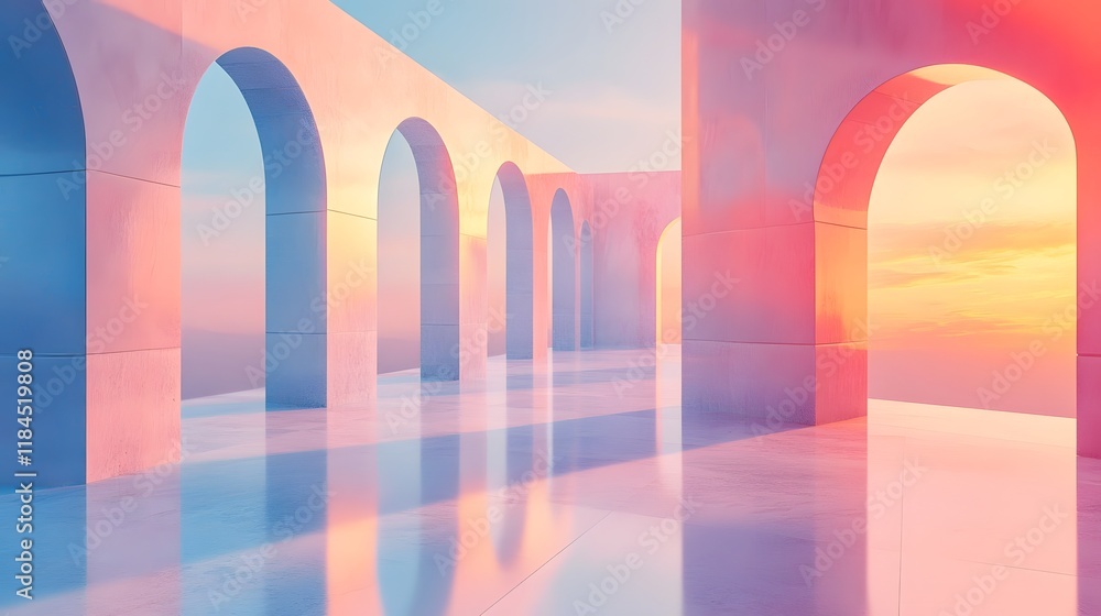 Poster pastel gradients blending in colorful harmony with soft patterns and elegant architectural symmetry 