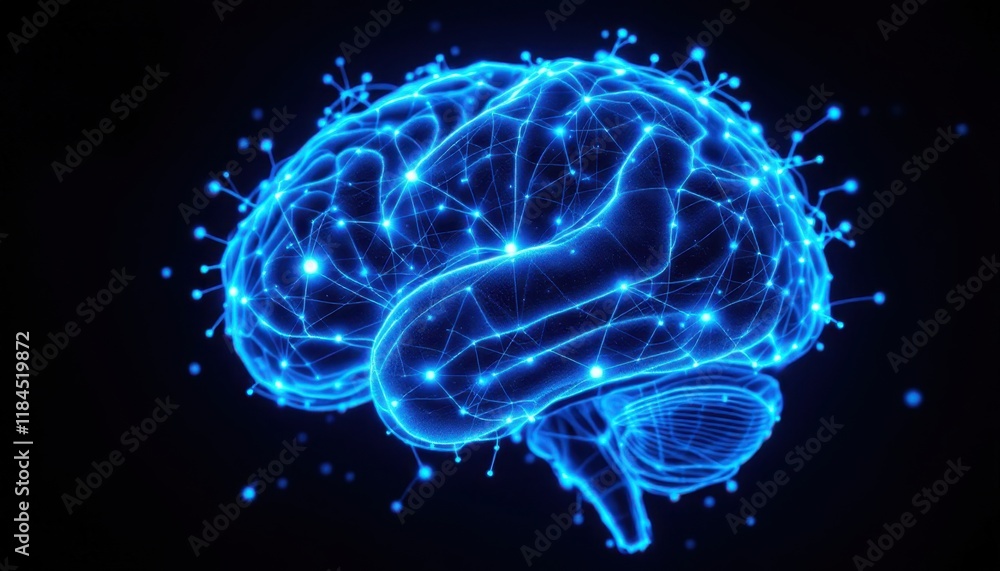 Poster glowing digital blue brain network visualization with neural connections