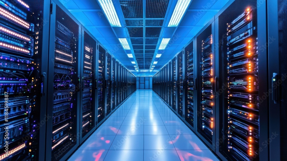 Poster futuristic data center with servers and illuminated tech infrastructure
