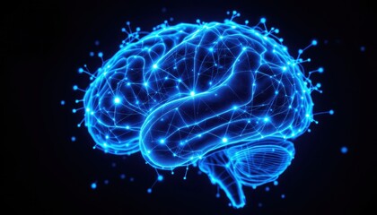 Glowing digital blue brain network visualization with neural connections
