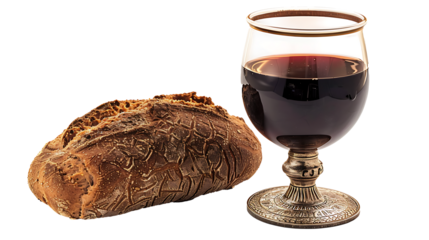 A loaf of bread and a chalice of wine, representing communion, isolated on white, cut out 