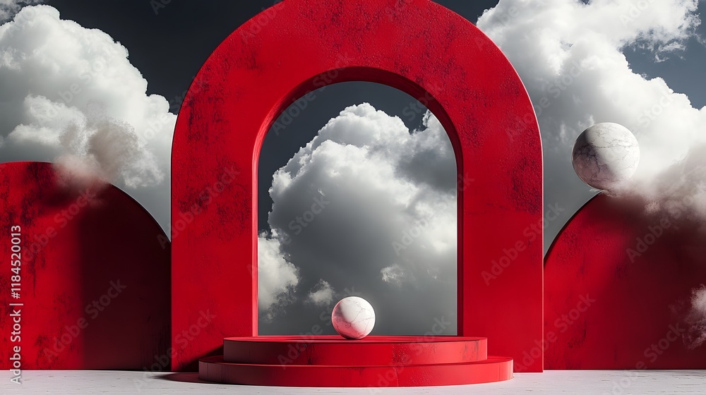 Poster elegant red podium stand with a floating sphere on a minimalist cloudy sky backdrop this abstract an
