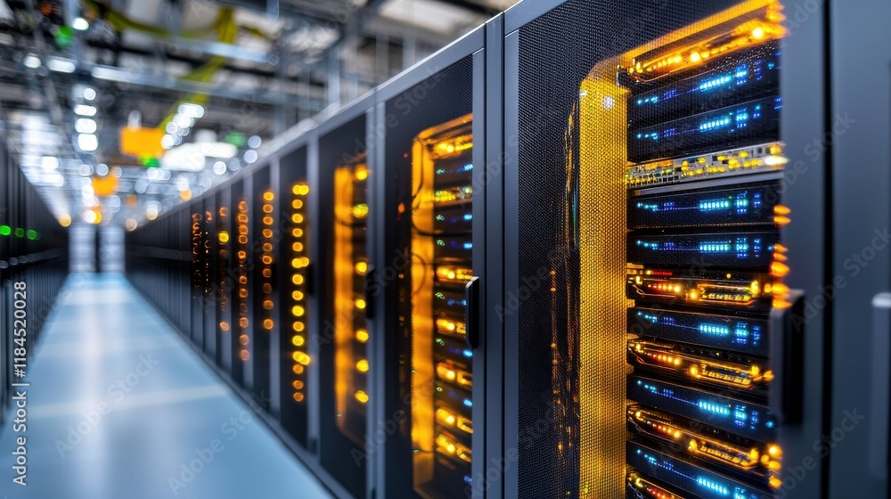 Poster futuristic data center with rows of servers and mainframe computers in a modern technology hub