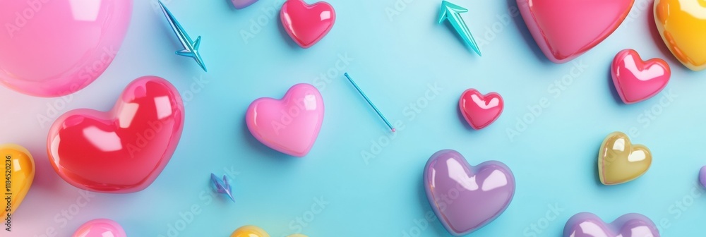 Poster floating 3d chat bubbles and colorful hearts with arrows on a light blue background inviting playful