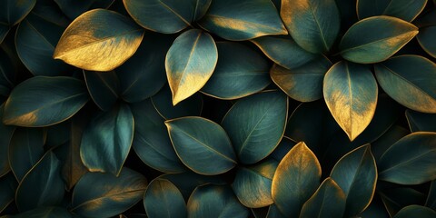 Abstract plant background with overlapping tropical leaves in shades of green and gold
